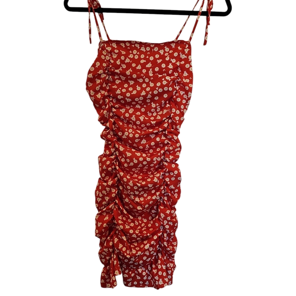 Red Floral Ruched Dress